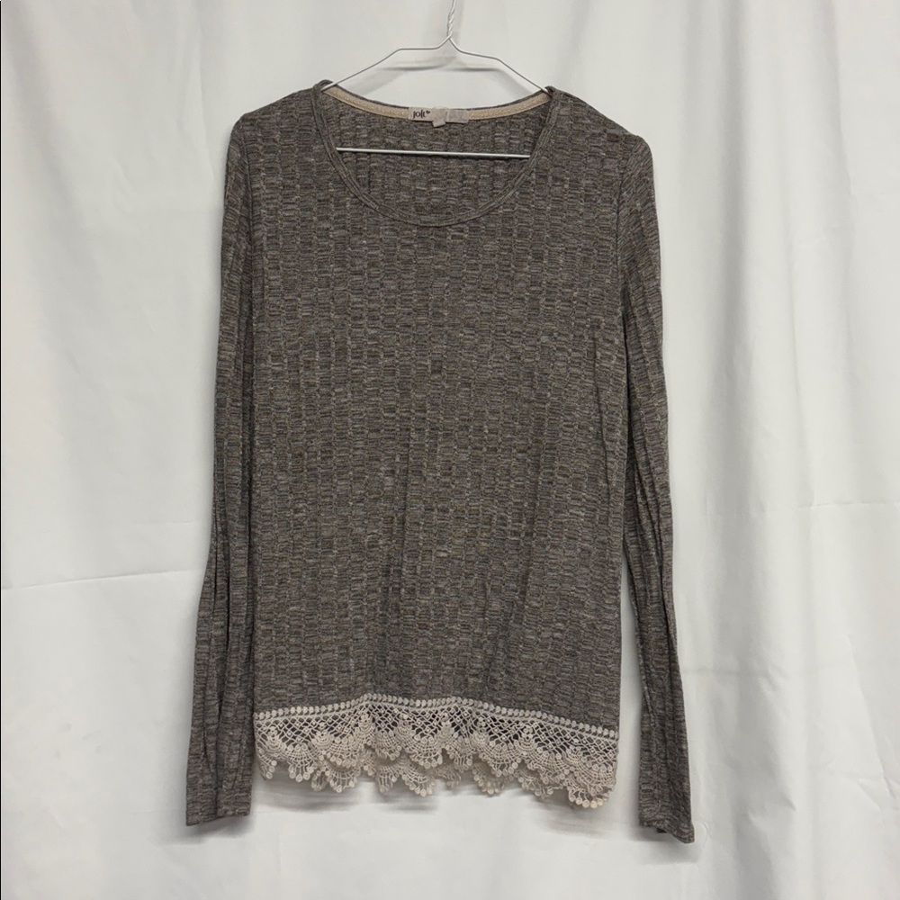 Jolt Textured Gray Knit Top lace hem sz L